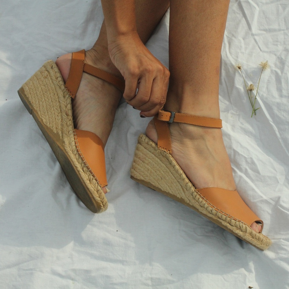 Brown Leather handmade wedge espadrilles